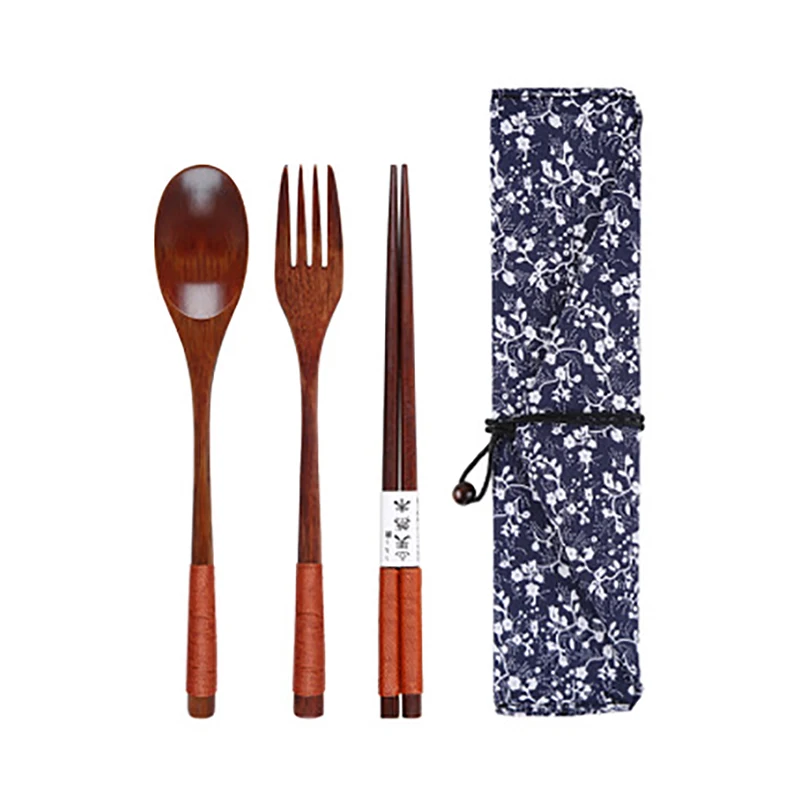 Baispo портативная посуда, деревянные столовые приборы, наборы с удобной ложкой, вилкой, палочками для еды, подарок для путешествий, столовая посуда, костюм с тканевой сумкой