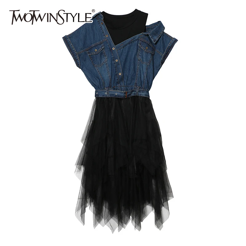 Джинсовое платье TWOTWINSTYLE Сетчатое асимметричное миди с коротким рукавом