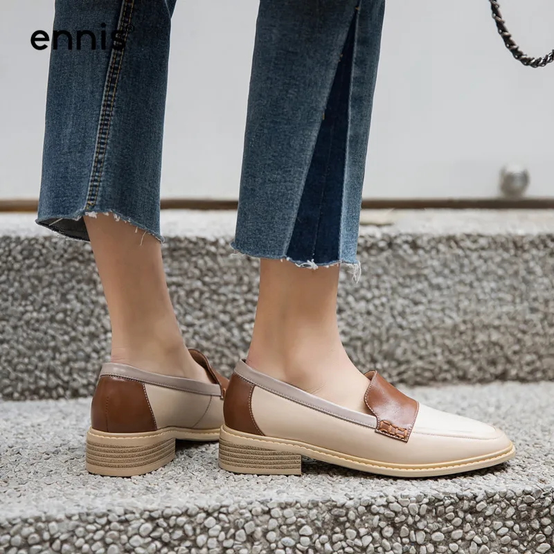ENNIS Genuine Leather Boat Shoes Women Outdoor Casual Shoes Mixed Color Shoes Black Brown Flat Loafers Autumn Spring C9108