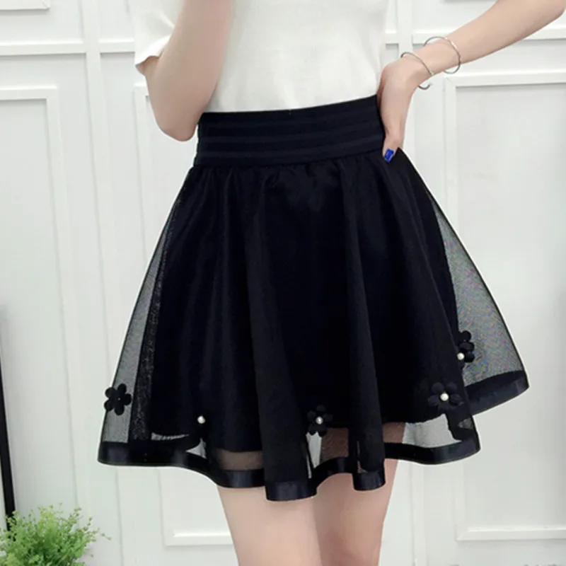 2021 New Spring Summer Women Black Mini Skirt Korean Elastic High Waist Skirt Shorts Sweet Mesh Tulle Umbrella Skirt Falda Tul