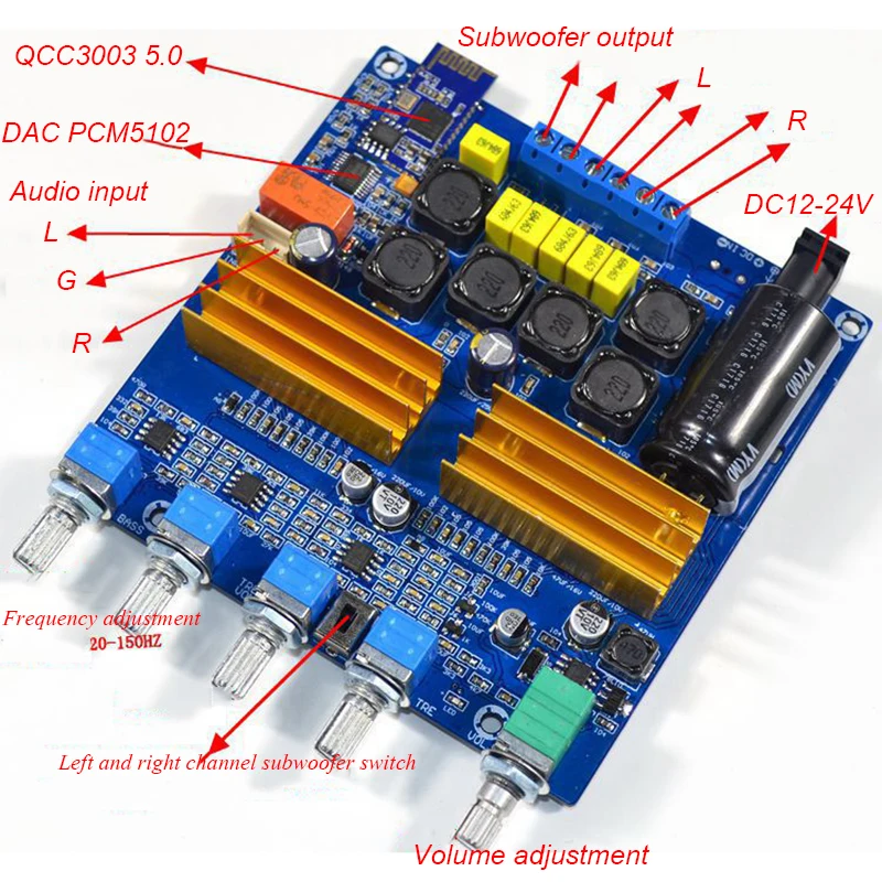 Lusya TPA3116 Bluetooth 5,0 QCC3003 усилитель 50 Вт* 2+ 100 Вт 2,1 цифровой аудио усилитель PCM5102 ЦАП DC24V T0154