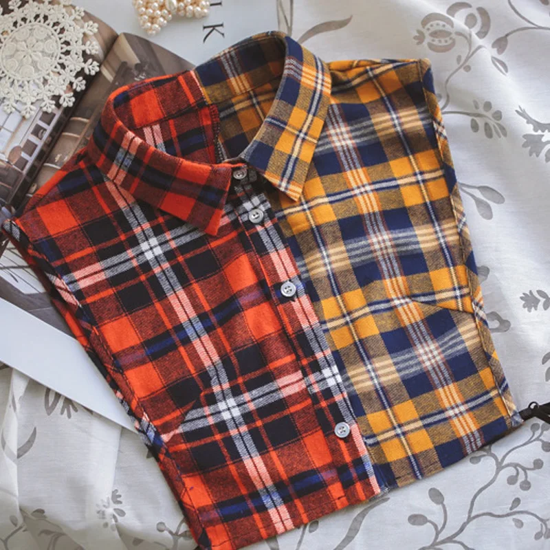 Double Patch Colorful Checkered Red Yellow Necklace Vest Shirt turn down detachable fashion shirt sweater false collar necklace | Женская
