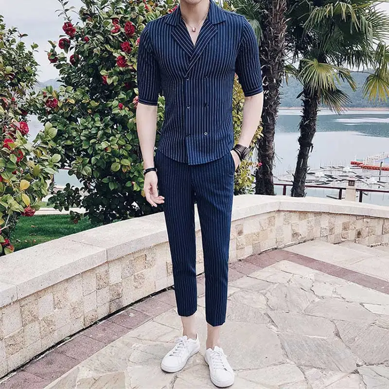 Мужской костюм двубортный летний Mariage Homme черный белый серый синий полосатый