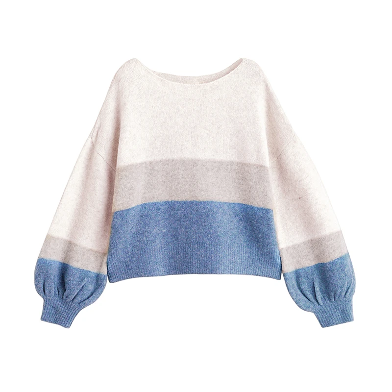 INMAN Spring Autumn Round Collar Stripped Loose Style Lantern Sleeve Women Patchwork Pullover Sweater | Женская одежда