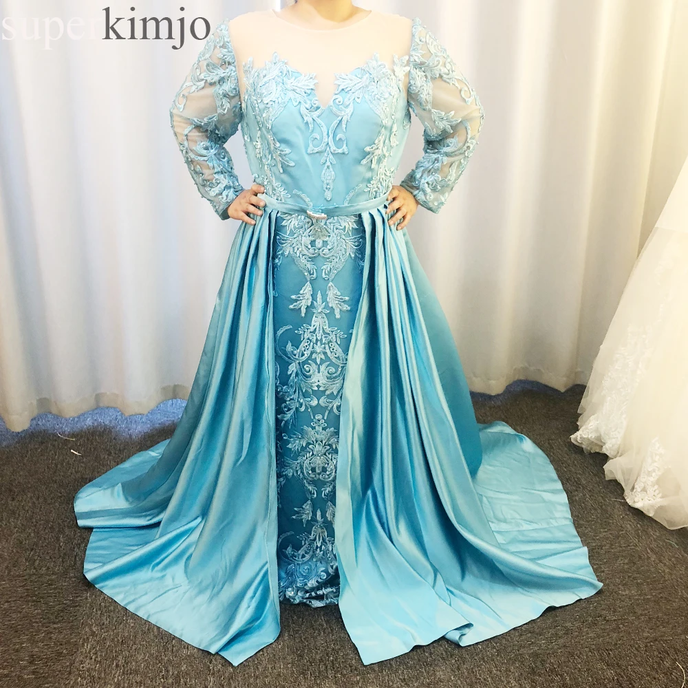 

blue prom dresses 2019 embroidery long sleeve beading sequins pearls a line detachable train real picture evening dresses gowns