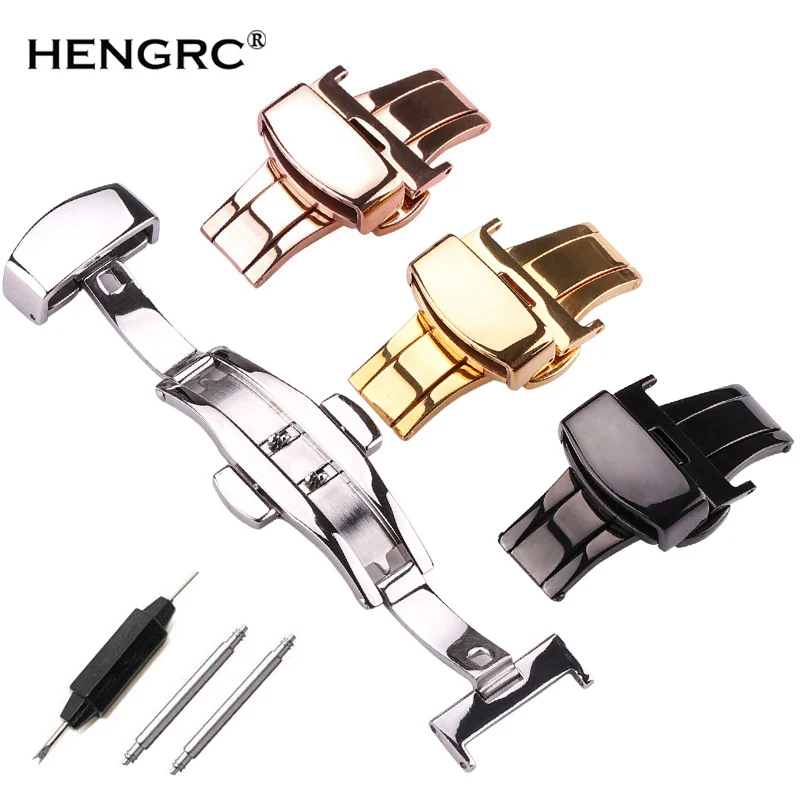 

HENGRC Watch Band buckle 16 18 20 22 24mm 316L Stainless Steel silver black Watchbands Strap Double Push Deployment Clasp