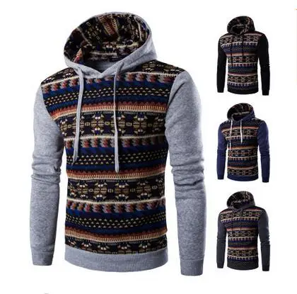 Hooded Men Tops Fashion Geometry Print Stitching Sweatshirts Slim Men's for Hoodies | Мужская одежда