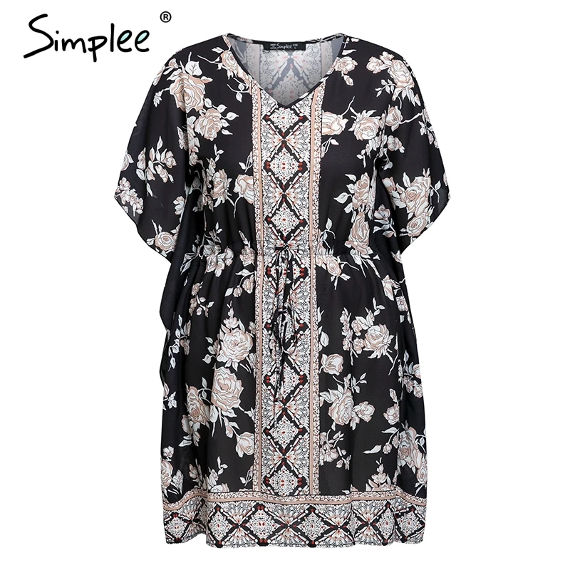 Черный Simplee Boho платье с цветочным принтом больших размеров женское летнее короткое платье с длинным рукавом и v-образным вырезом кимоно праздничное повседневное свободное пляжное платье vestidos - Цвет: Черный