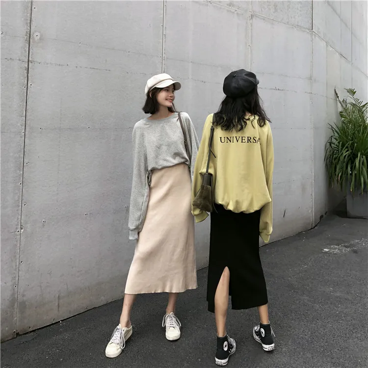 Harajuku уличная трикотажная юбка осень зима Корейская мода универсальная Сплит миди Faldas Mujer однотонные черные юбки женские