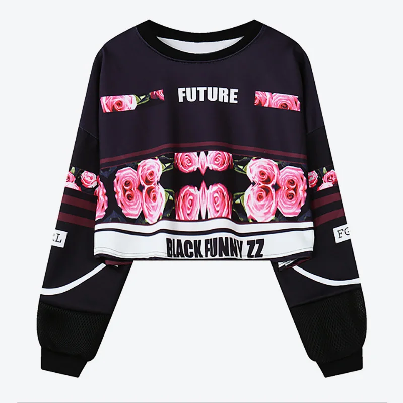 Rose black Женский укороченный топ в стиле Харадзюку, укороченный Топ с длинным рукавом и буквенным принтом, женские толстовки, весна, хип-хоп Свободная Женская толстовка - Цвет: Rose black