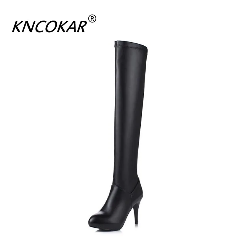 

KNCOKAR/новые зимние Однотонные эластичные сапоги до колена с круглым носком в европейском и американском стиле женские сапоги на тонком высок...