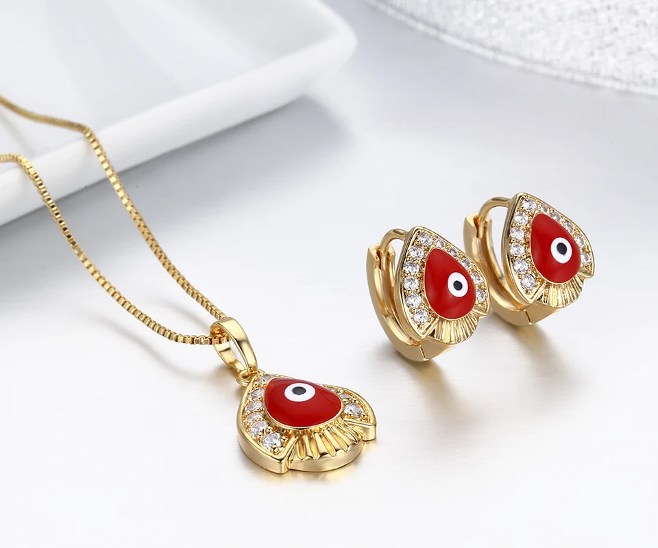 Yellow Gold Color Red Evil Eyes Paved CZ Teardrop Pendant Necklace Hoop Earrings Jewelry Sets for Womens Girls Kids Children|jewelry sets