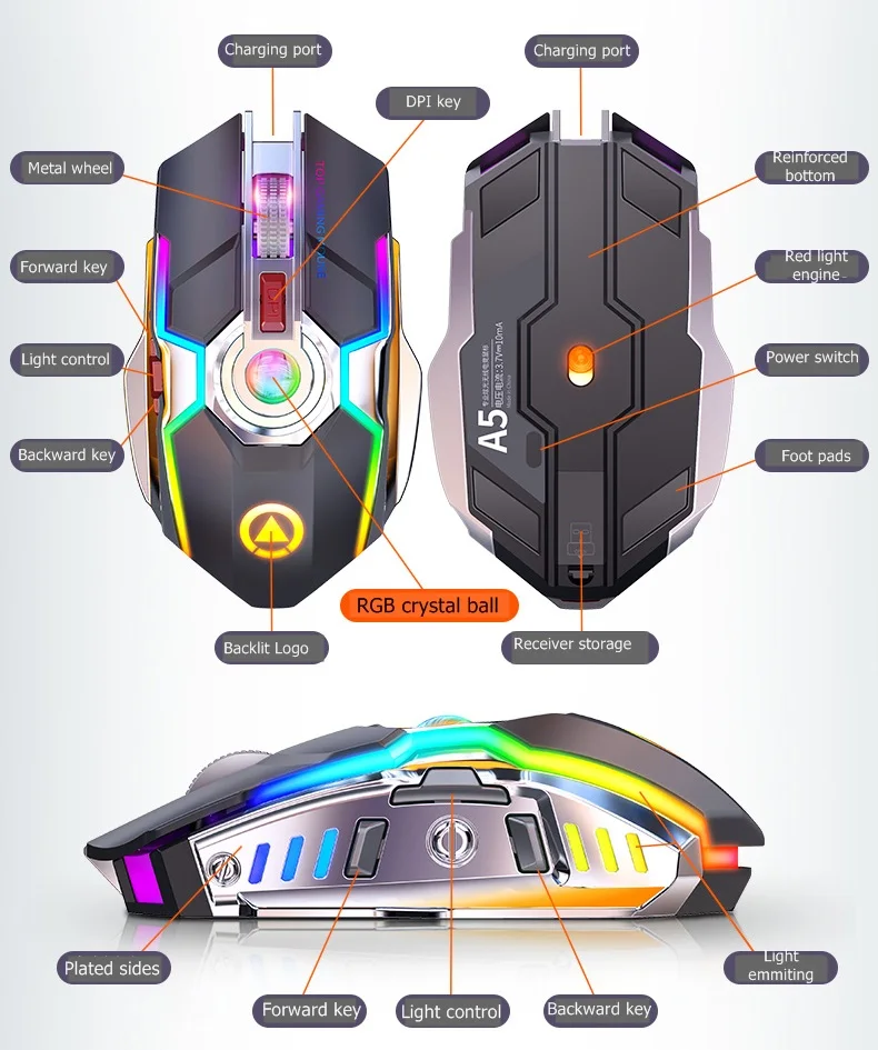 Игровая мышь Yindiao A5 перезаряжаемая USB 2 4 ГГц Esports RGB с подсветкой настольная кнопка