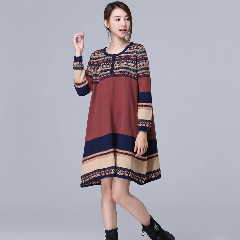 Новое зимнее теплое винтажное платье свитер с длинным рукавом Осень/осень для
