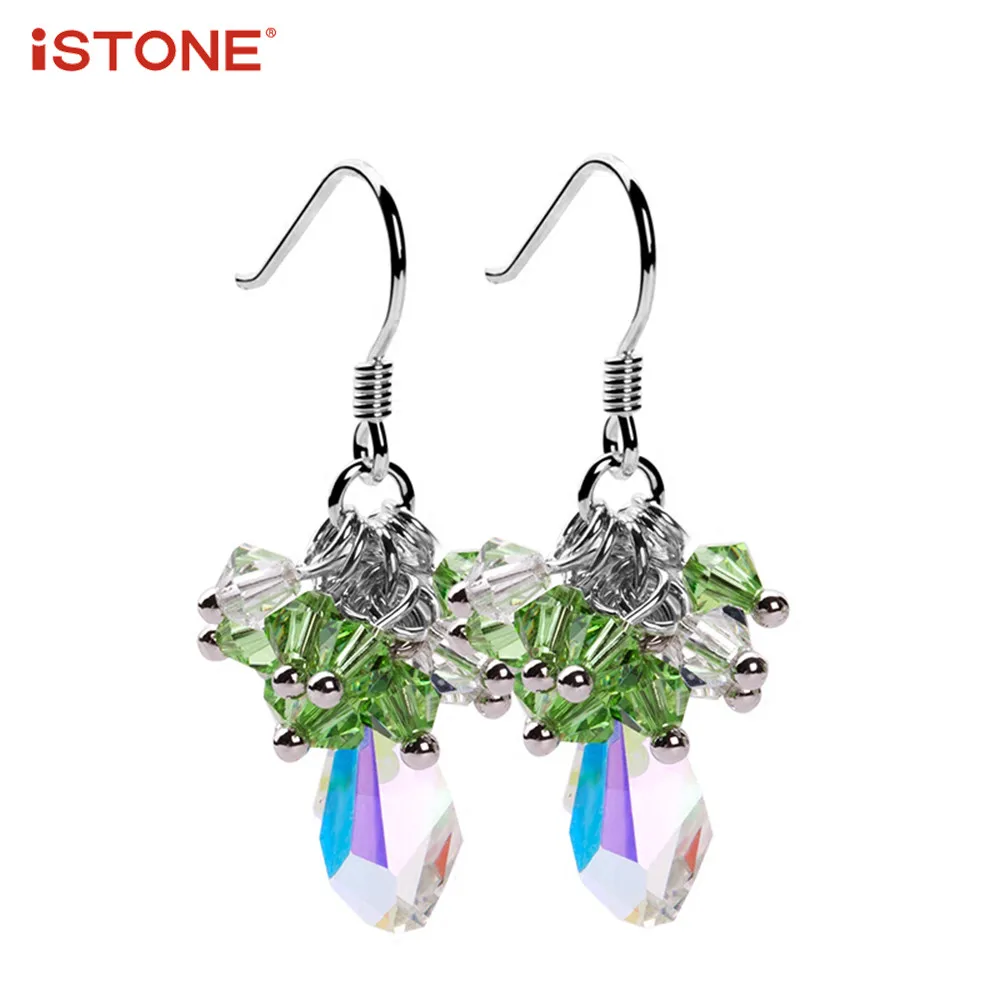 iSTONE 100% Natural Gemstone Pink Green Blue Crystal 925 Sterling Silver Flower Shape Drop Earrings Fine Jewelry Gift for Woman | Украшения