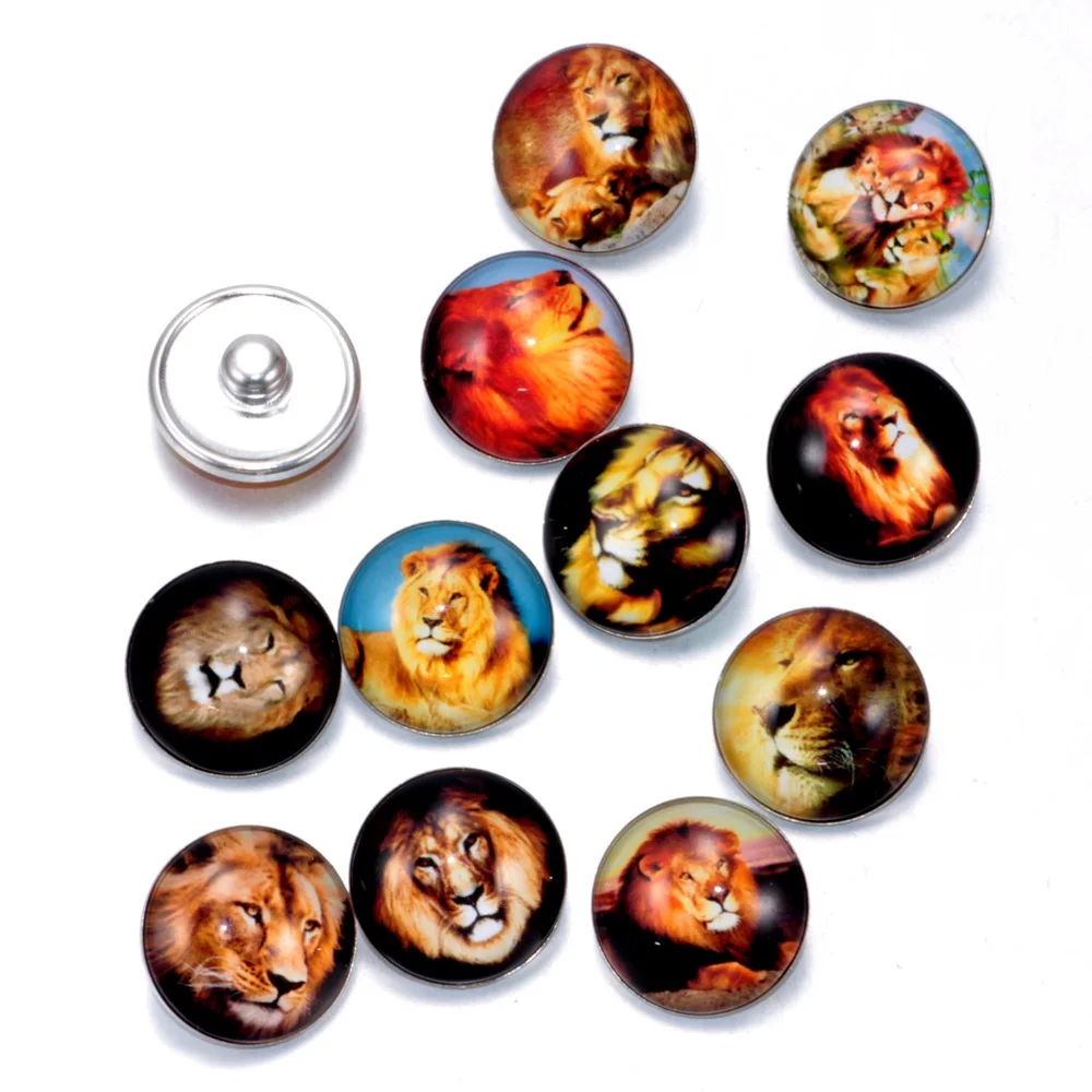 12pcs/lot Lion Pattern Charms 18mm Glass Snap Button For DIY Bracelet Snaps Jewelry KZ0192 | Украшения и аксессуары