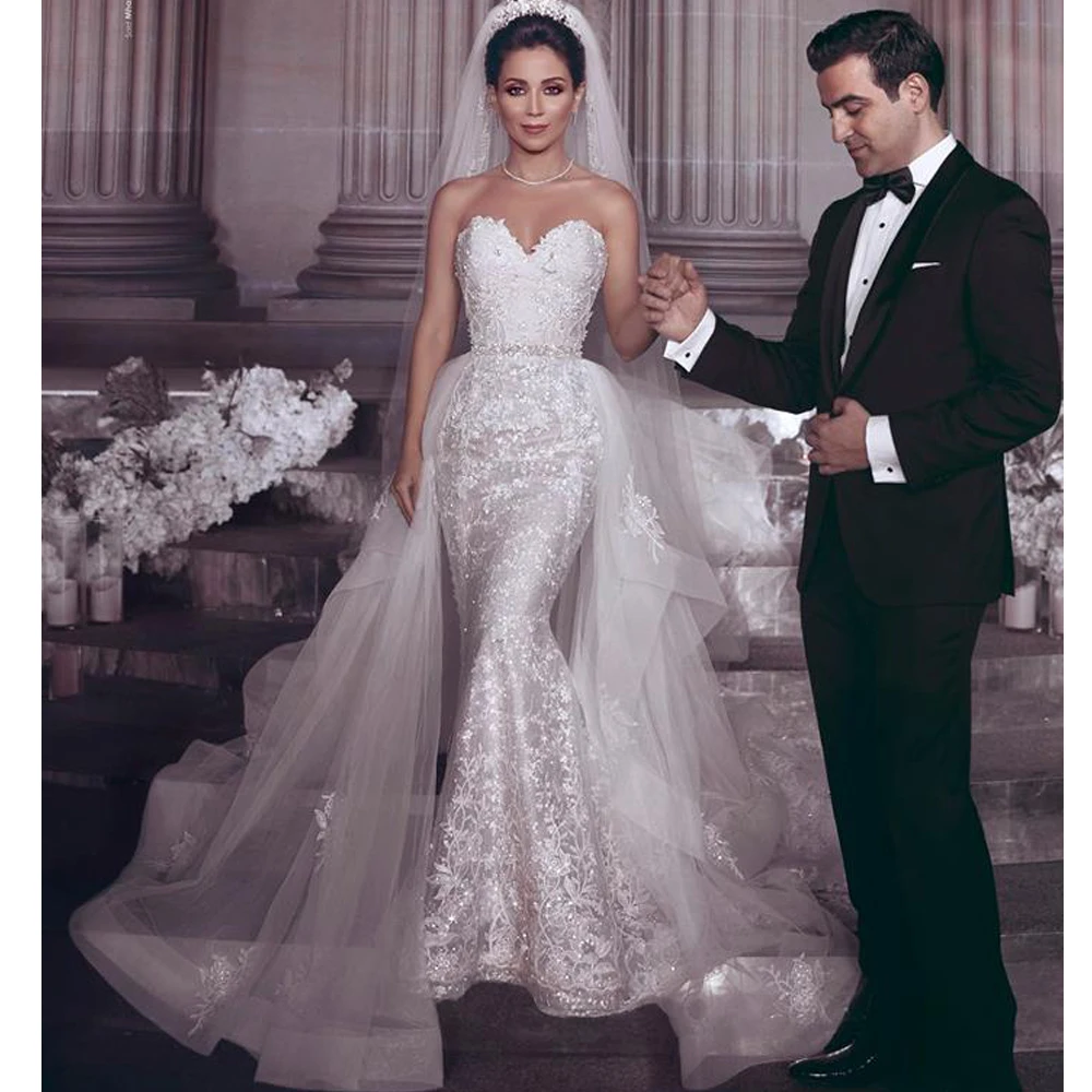 wedding dresses 2019 detachable train lace appliques tulle sweetheart neckline bridal vestidos de noiva arabic | Свадьбы и торжества