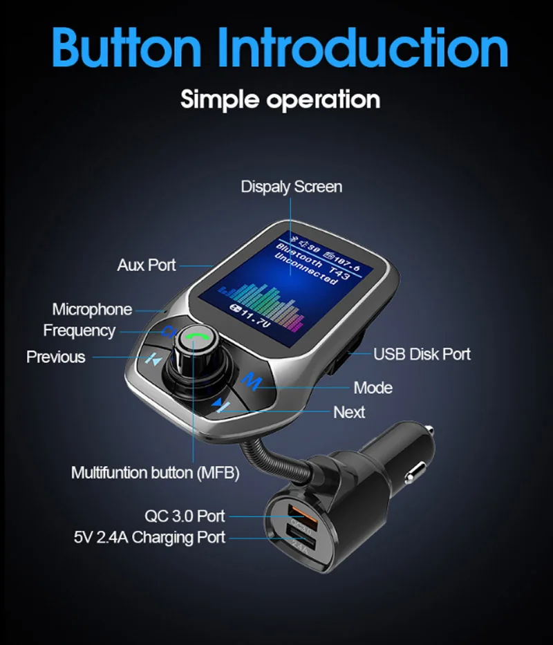 Новый T43 1 8 &quotTFT цветной дисплей QC3.0 Быстрая зарядка Bluetooth автомобильный комплект