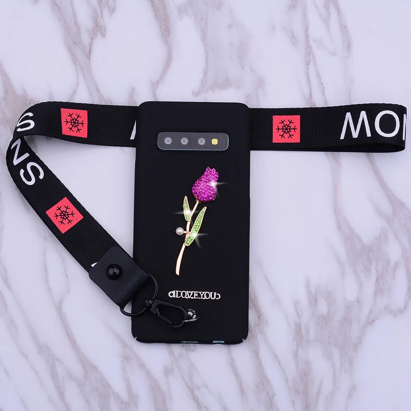 Lanyard rose phone case cover for Samsung Galaxy s10 s10e s9 s8 plus A3 A5 A7 2017 J7 J5 J3 2016 bling Protective matte bag |