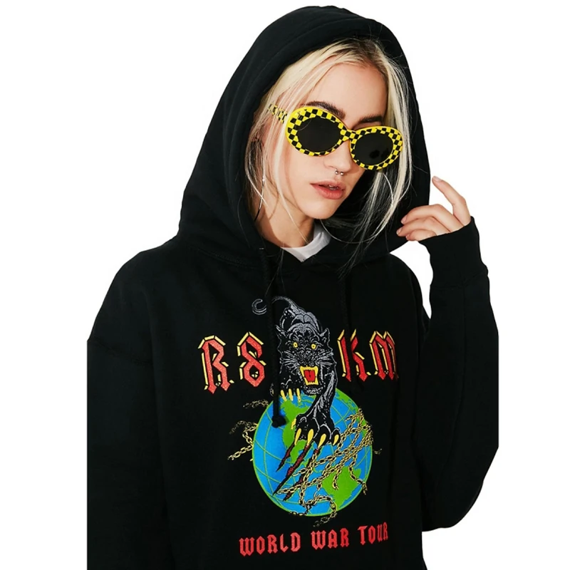 HDY Haoduoyi Women Black Sweatshirts Long Sleeve Animals Letters Printed Back Pocket Front Female Loose Cotton Hoodies | Женская одежда