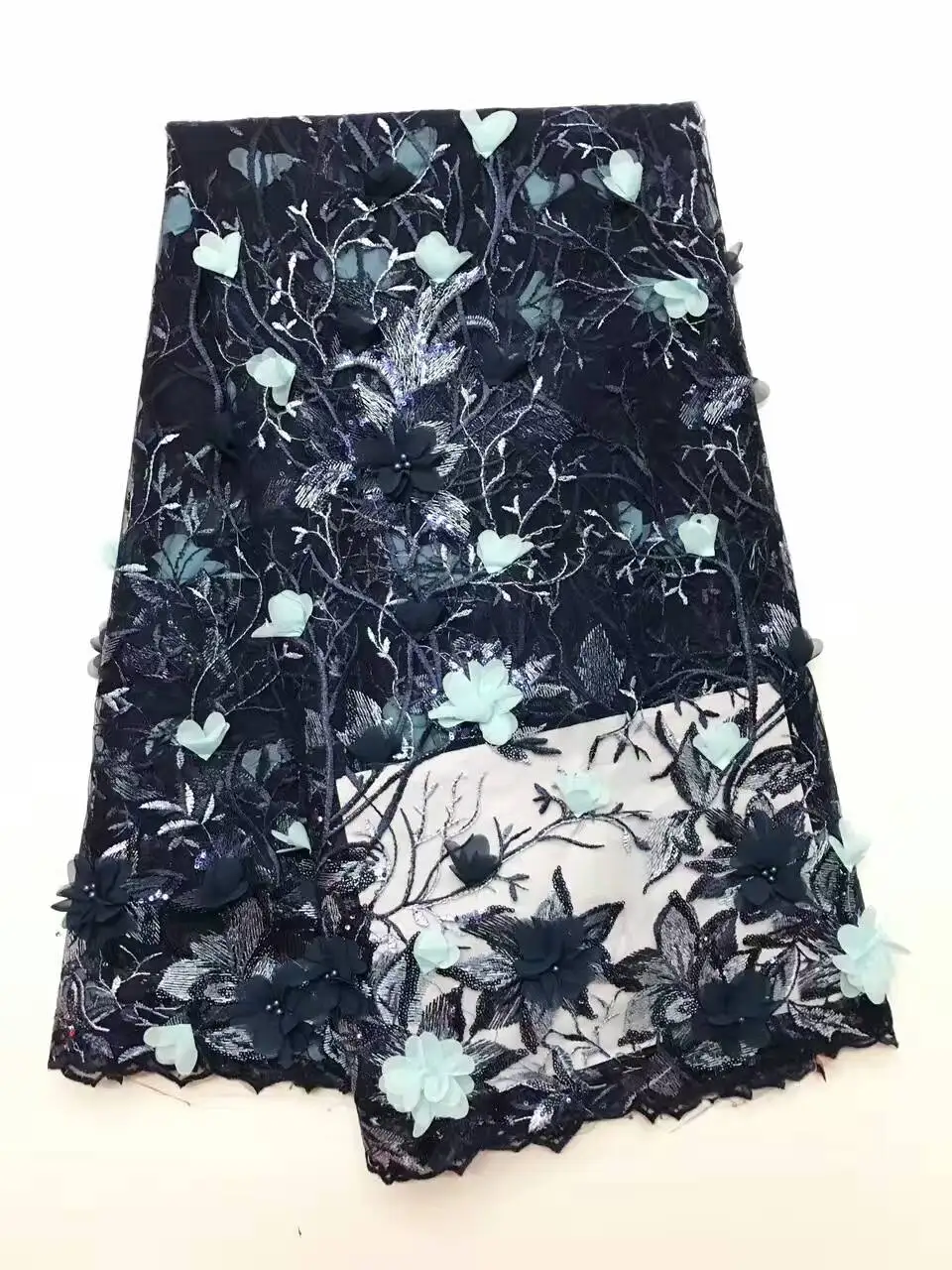

New arrivals black 3d lace fabric with beads flower embroidered tulle net lace fabric for women dresses JY030