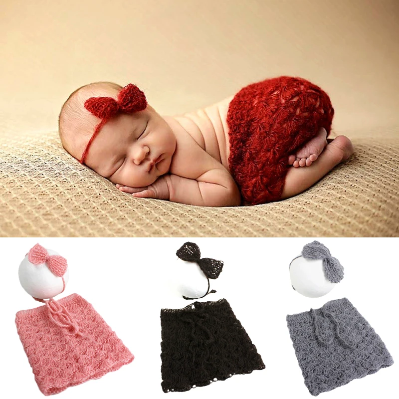 

Newborn Baby Photography Props Mohair Knitted Infant bebe Costumes Outfits Bowknot Headband Pants Crochet Photo Accessories