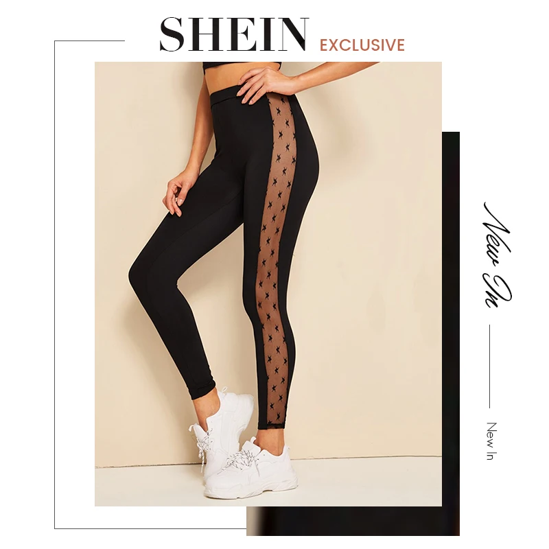 SHEIN, контрастные сетчатые леггинсы, сексуальные женские леггинсы,, новая мода, для фитнеса, черные, одноцветные, женская одежда, длинные леггинсы