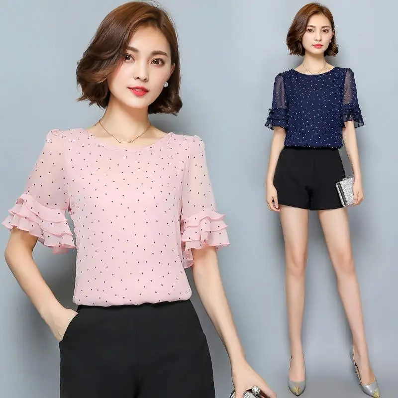 2017 лето шифон блузки с короткими рукавами горошек белая рубашка женские рубашки