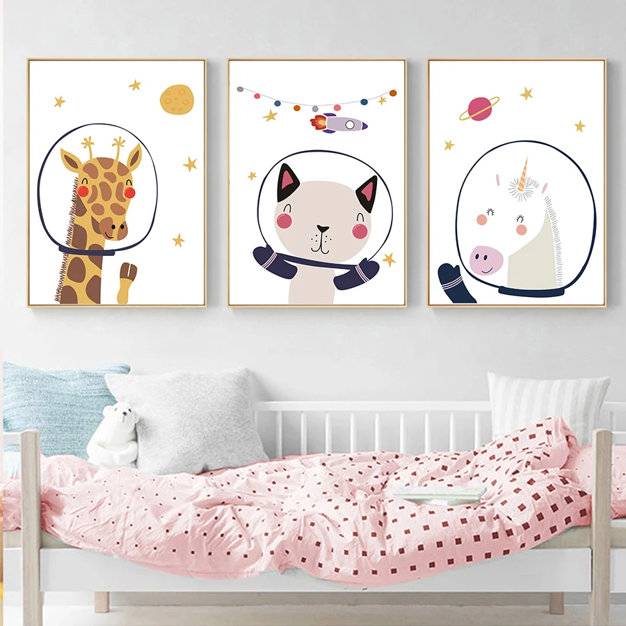 Детские Wall Art Изображение из мультфильма Животные космонавта холст для живописи
