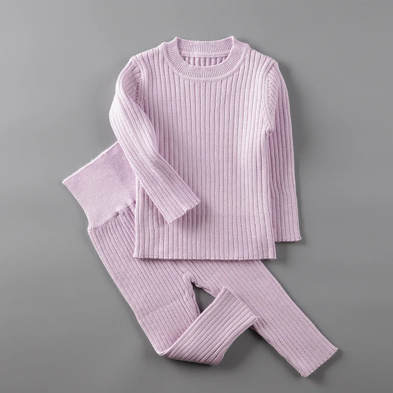 purple 2pcs 3 шт./компл. Демисезонный Зимняя одежда для маленькой девочки, вязаный свитер в рубчик, Свитера для мальчиков брюки Шапки Детская одежда От 0 до 2 лет 043 - Цвет: purple 2pcs