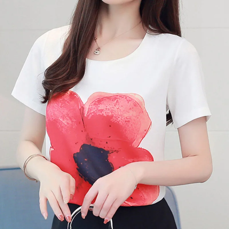 Fashion Women Shirts 2022 Ladies Tops White Shirt Chiffon Short Sleeve Floral O-neck Top For 4128 50 | Женская одежда