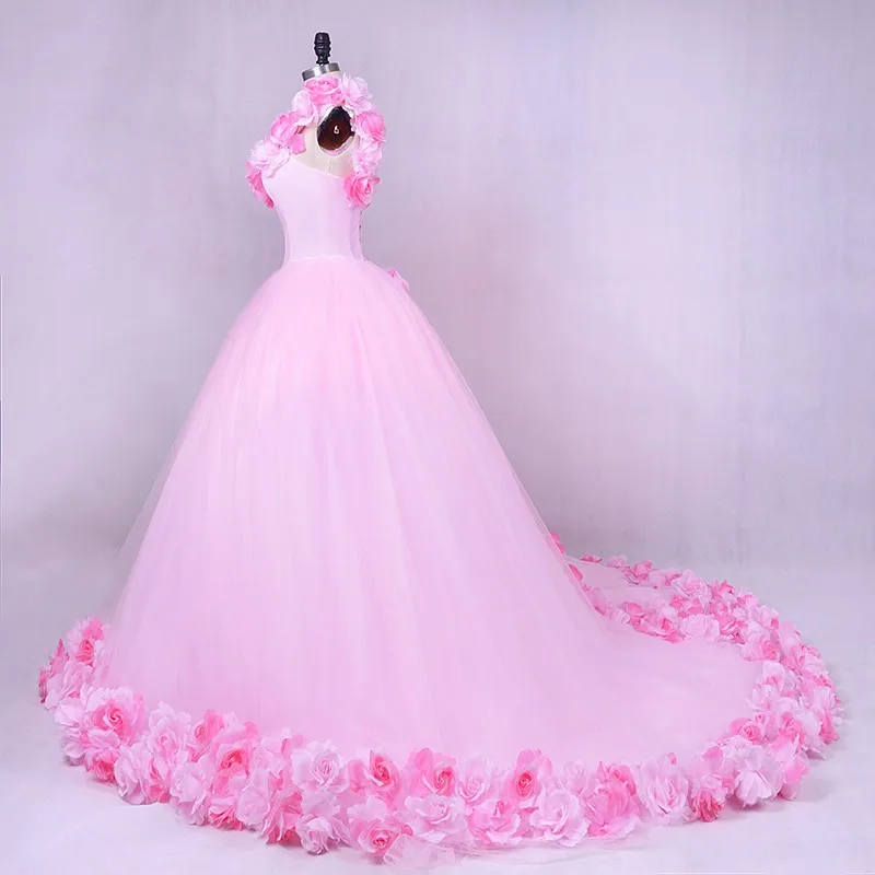 Gothic Pink Wedding Gowns 2018 LORIE Vestidos de noiva 3D Flowers Romantic Bridal Dresses Off Shoulder Plus Size Custom Made | Свадьбы и