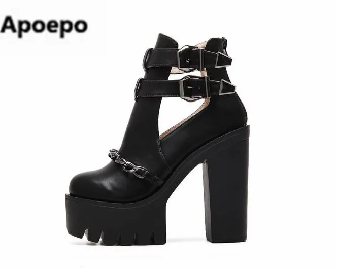 

Newest brand 2022 spring ankle boots for women black cut out sexy pumps chain 14 cm extreme high heels shoes women platform shoe