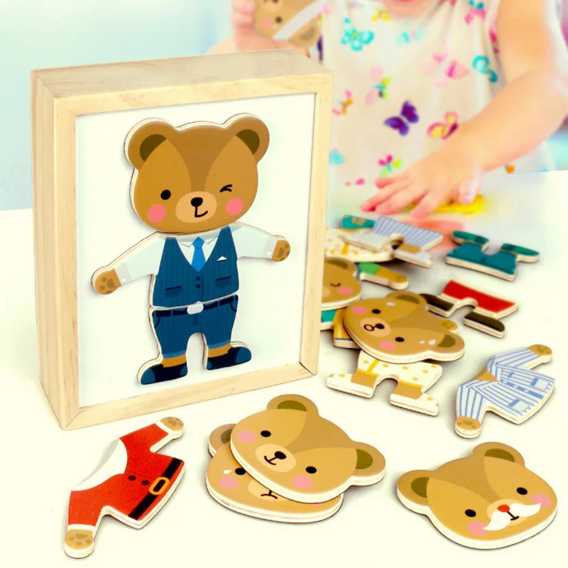 3D мультяшная деревянная игрушка для детей магнитная головоломка медведь