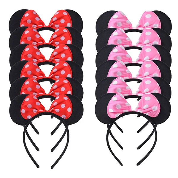 6 Red 6 Pink 12 шт. Микки Минни уши Роза ободки с блестками и бантом Хэллоуин День рождения холостяк детская вечеринка Девочки Мальчики мама аксессуары для волос - Цвет: 6 Red 6 Pink