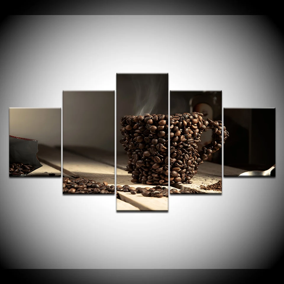 Картина на холсте с чашкой кофейных зерен 5 шт. Настенная картина модульные обои