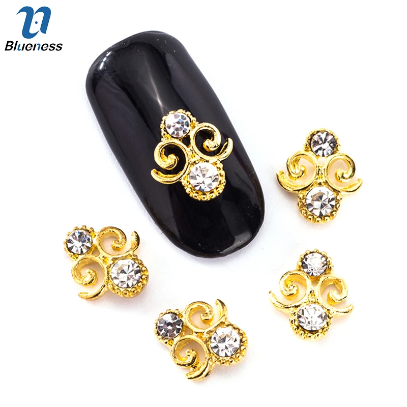 10 шт./лот аксессуары для дизайна ногтей из золотого сплава со стразами и 3D