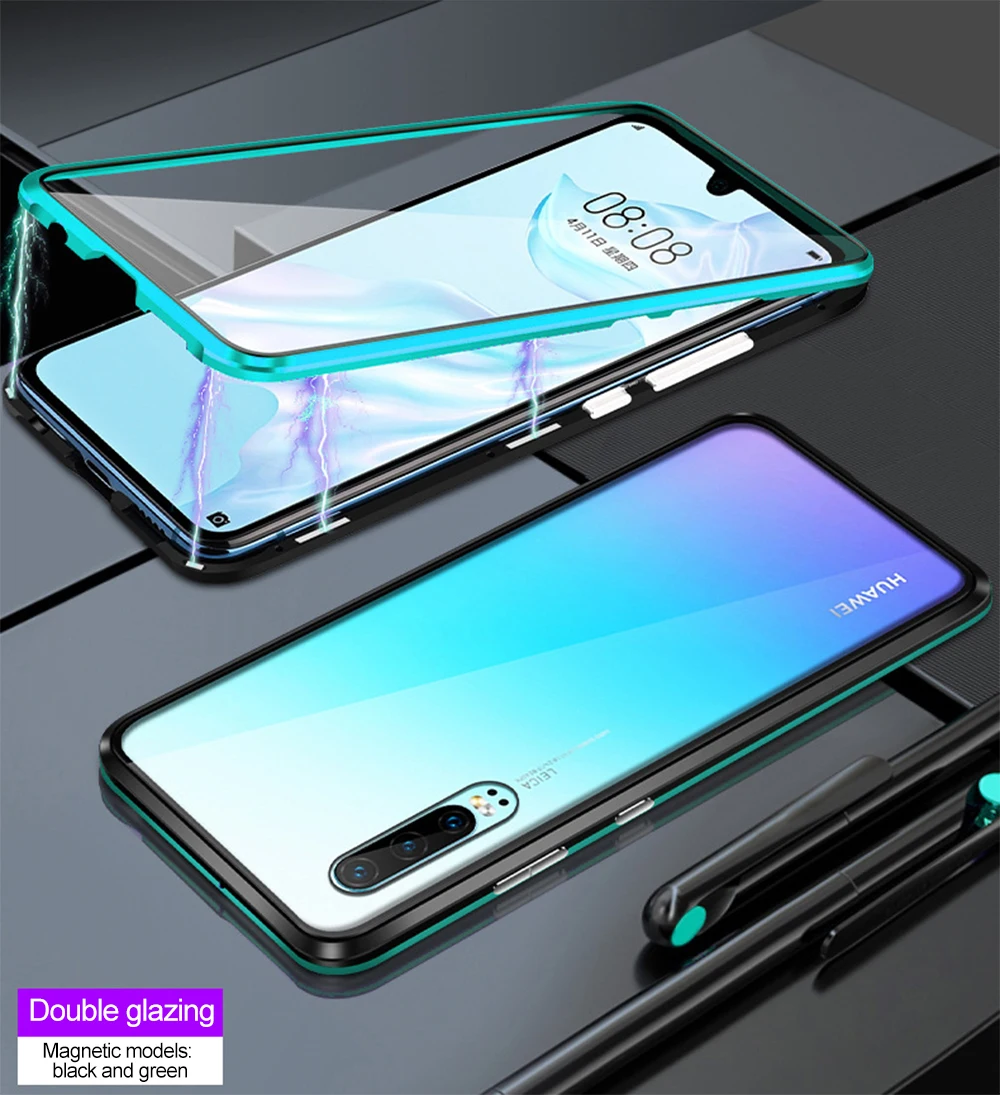 black and green Магнитный чехол для huawei P30 Pro, полный корпус, защитный, роскошный, 360 поглощение, водонепроницаемый, закаленное стекло, покрытие, Funda, изогнутая поверхность - Цвет: black and green