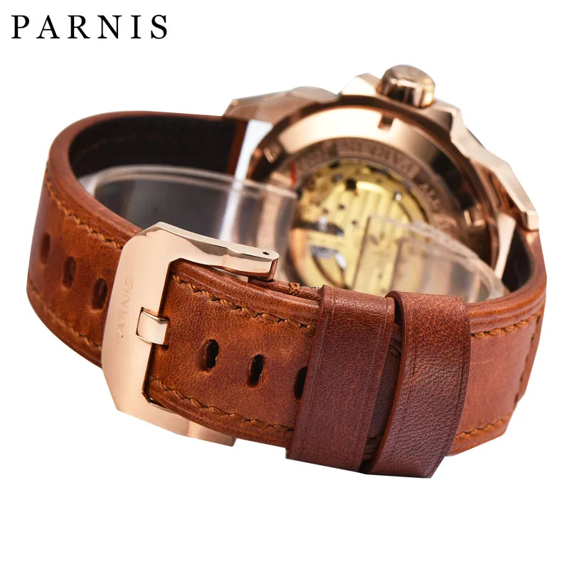 

44mm Parnis Fashion Men Watch Watches 21-Jewels Automatic Mechanical Black Dial Gold Case Sapphire Crystal Luminous Number