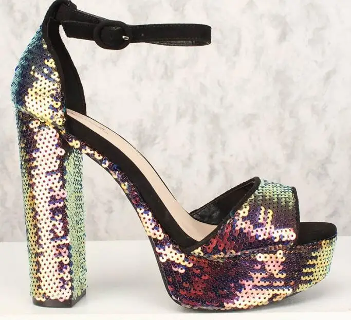 

Stylish Glitter Sequin Women Square Heels Sandals Peep Toe Ankle Strap High Platform Chunky Heels Ladies Banquet Dress Shoes