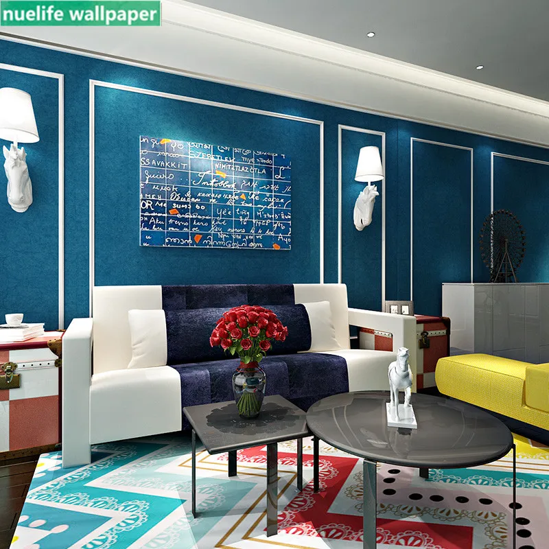 

Deep blue solid color non-woven wallpaper bedroom living room wedding room princess room shop kids room wallpaper