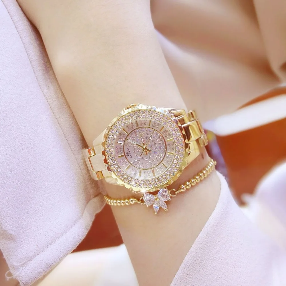 

BS Women Quartz Watches Fashion Luxury Lady Rhinestone Wristwatch Ladies Crystal Dress Bracelet Gold Watch Female Clock 2017 Ne