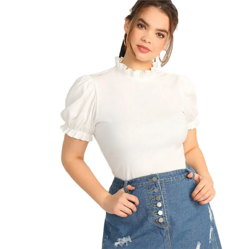 SHEIN Размера Плюс Трикотажная Футболка С Оригинальным Рукавом Элегантная Футболка С Пышными Рукавами