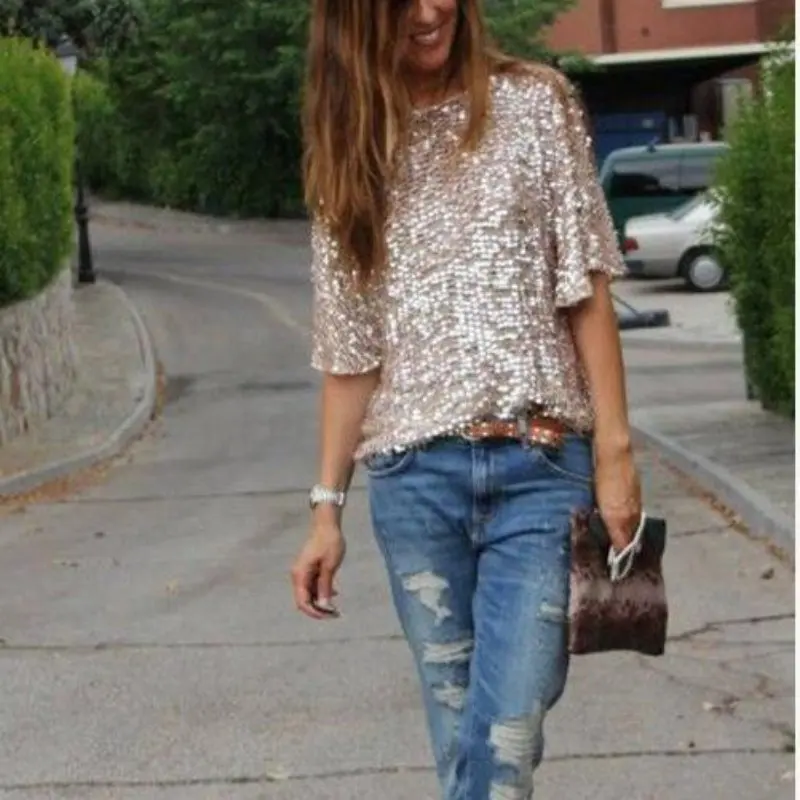 

Women Summer Fashion Shiny Causal Sequin Top Tank Three Quarter Sleeve Blouse Bling Vest SILVERCELL