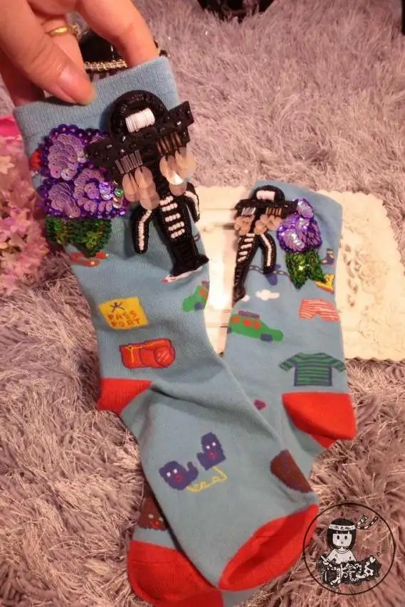 Женские носки для девочек украшенные бисером брендовые тяжелый хлопок робот