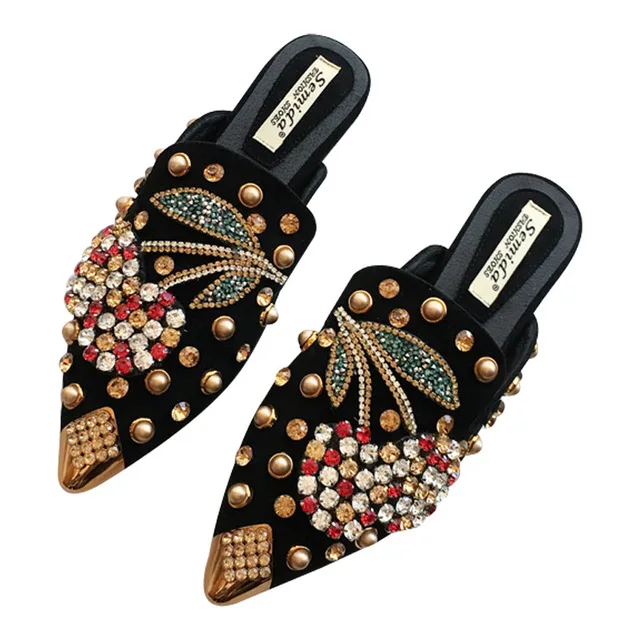 

Dropshipping Women Slipper Pointed Toe Crystal Flower Spring Female Luxury Woman Half Slippers Lady Outside Wear Slides Slippers