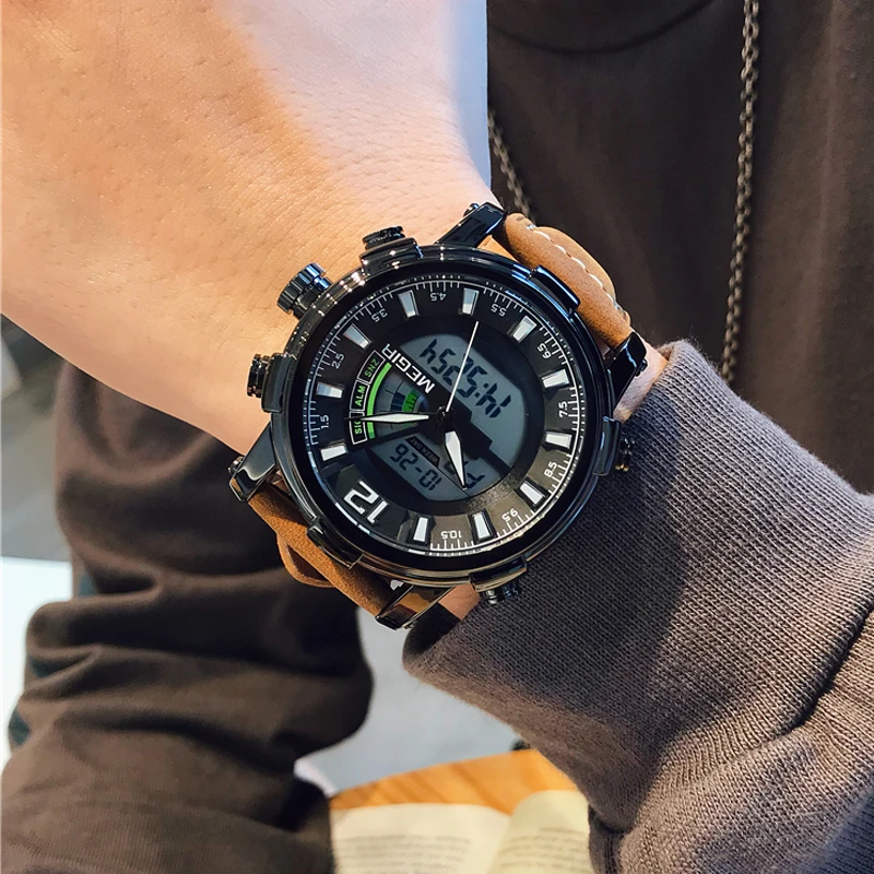 Люксовый бренд Megir мужские военные спортивные часы кварцевые с датой кожаные