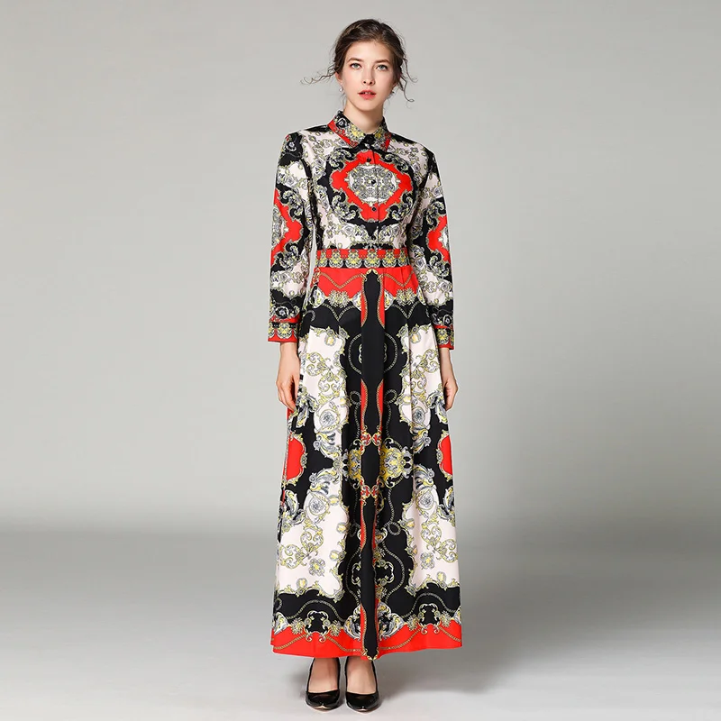 Женское подиумное Платье макси с длинным рукавом винтажное повседневное длинное