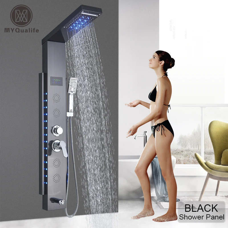 

MYQualife New Top Design Led Shower Panel 5 Function Bathroom Shower Faucet Wall Mounting Black Cold and Hot Shower Column