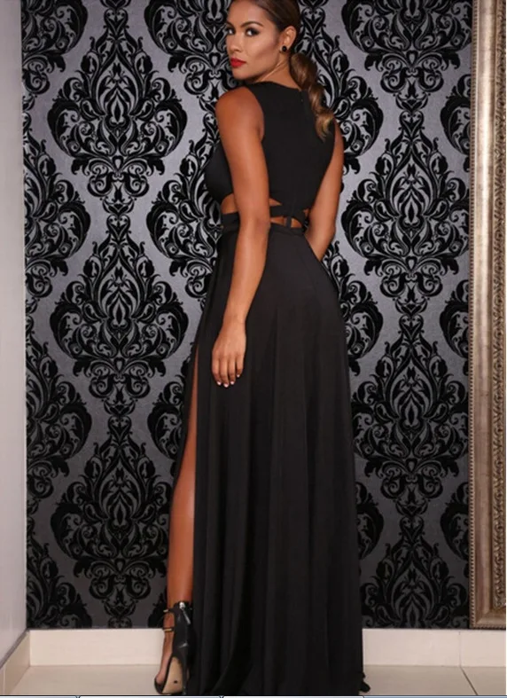 Женское длинное платье на бретельках черное облегающее Элегантное без рукавов